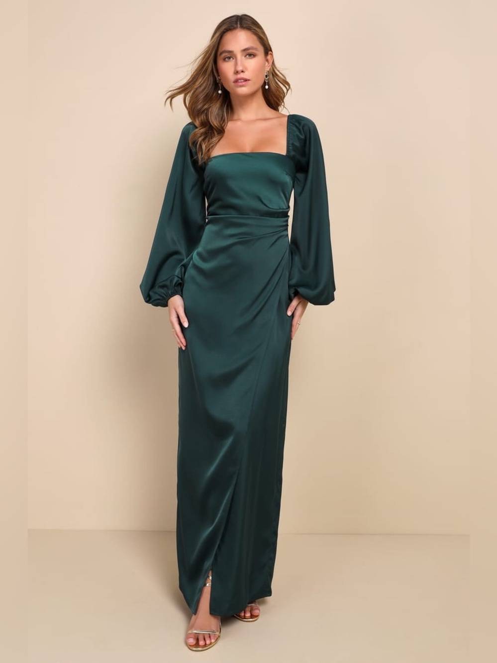 NWT Lulus Eternal Heart Emerald Green Satin Long Sleeve Maxi Dress Size XL